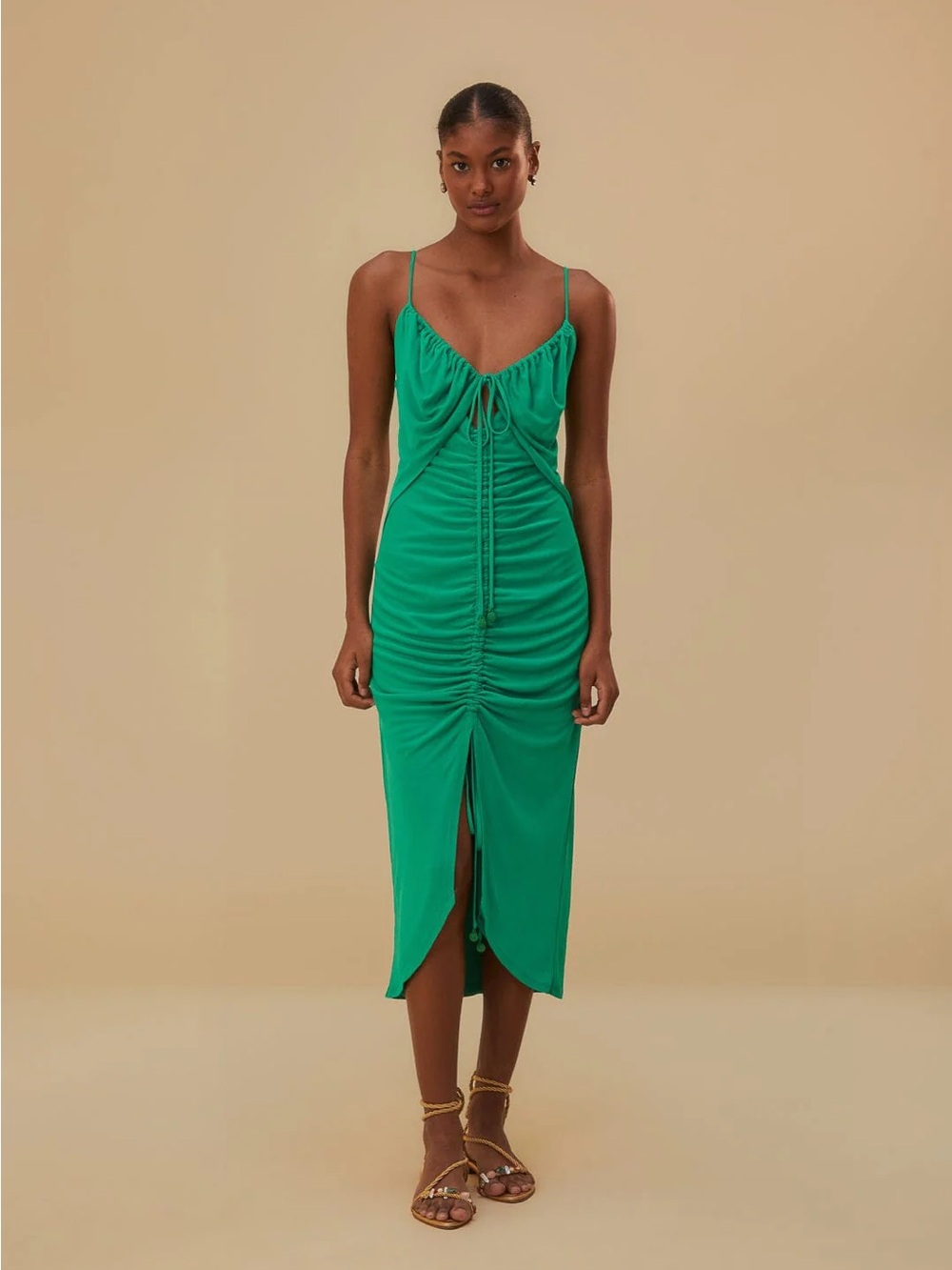 FARM Rio Emerald Green Ruched Tie-Front Midi Dress NWT